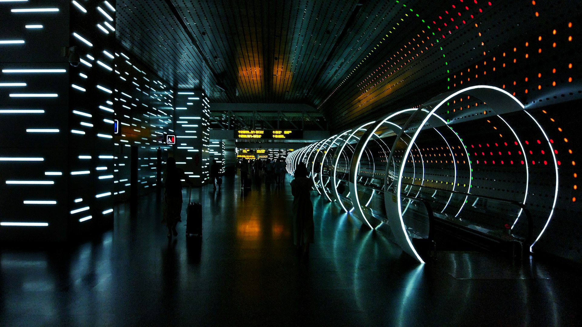 black and white tunnel with lights